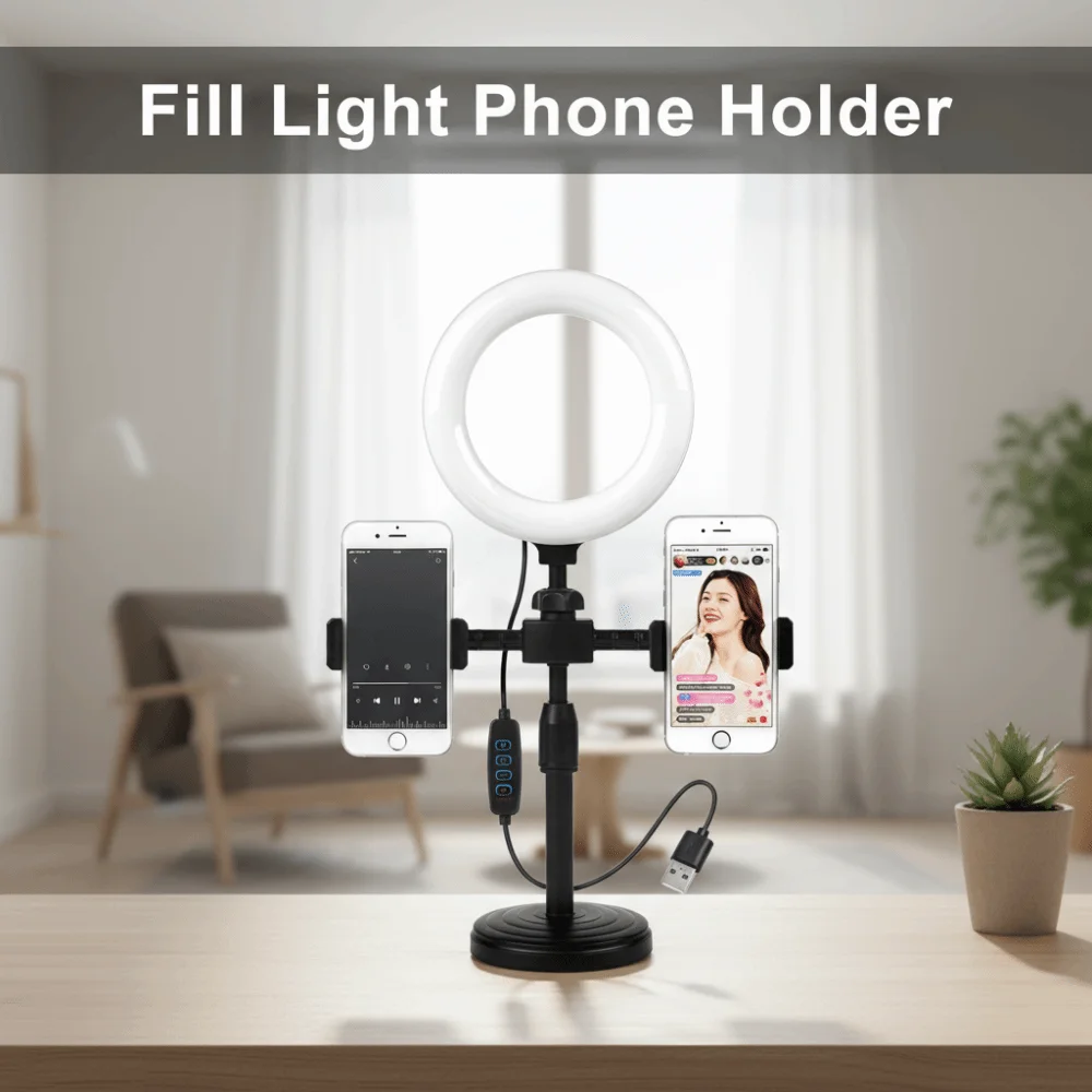 Dual Phone Position Fill Light Phone Holder Stable Base Portable Live Streaming Fill Light Lighting Bracket Universal