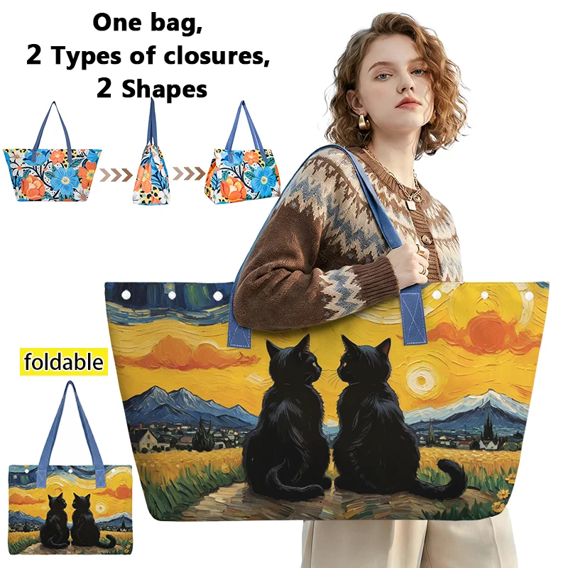 

Сумка-тоут с изображением черной кошки Ван Гога и «Звездной ночи», женская сумка большой вместимости, пляжная сумка для женщин