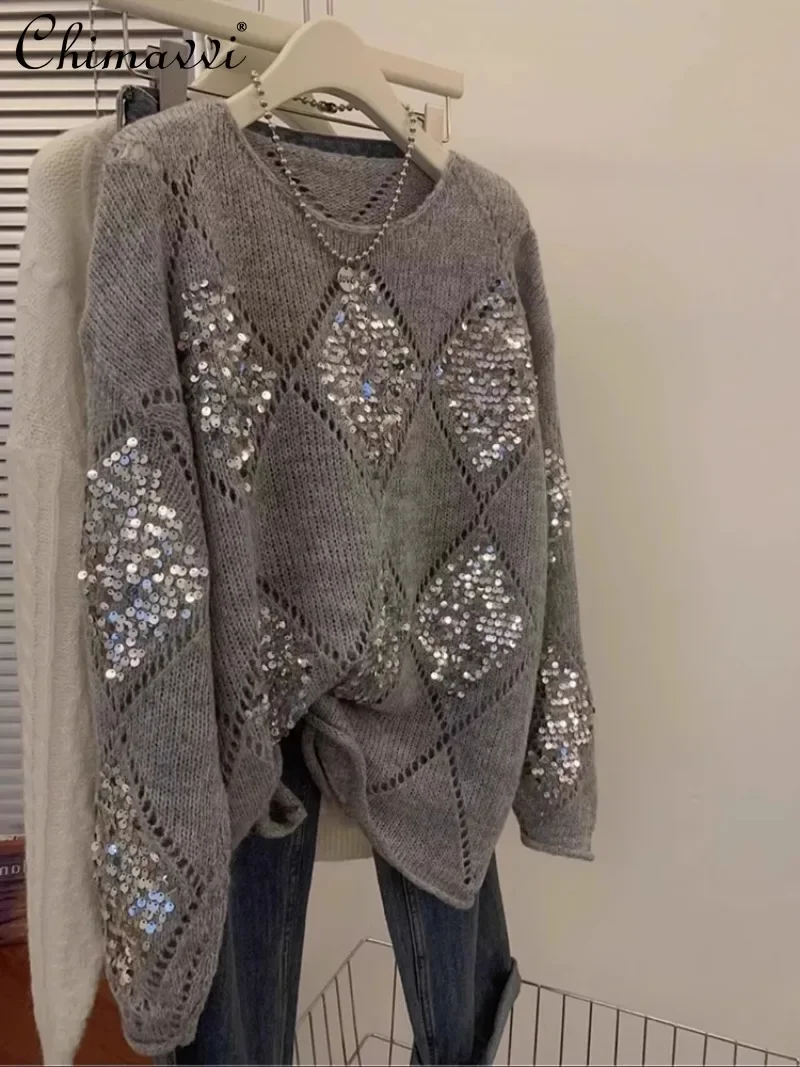 

Europe Station High-end 2024 Autumn New Heavy Industry Sequined Knitted Sweater High-end Wear Top For Women