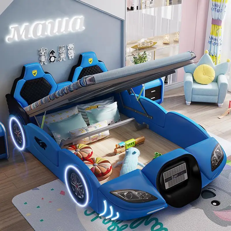 Cama infantil de madeira maciça multicolorida com guardrail, mobília de quarto fofa, em forma de carro, cama infantil linda para meninos e meninas