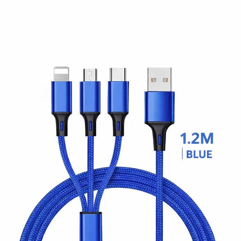 3-in-1 snellaadkabel voor iPhone, Xiaomi, USB-C, Micro USB, 1,2 m multi-poort USB-oplaadkabel voor telefoons, tablets en apparaten - afbeelding 1