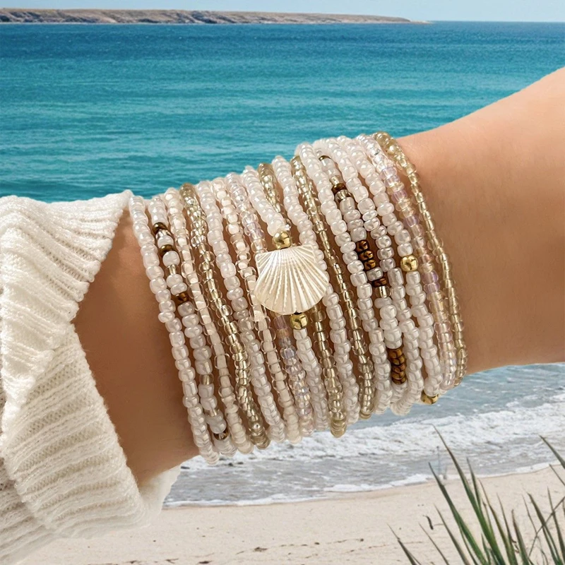 17/10Pcs Elastic Beaded Bracelets Bohemian Colorful Beads Stretchy Strand Chain Bangle Summer Beach Party Vacation Jewelry