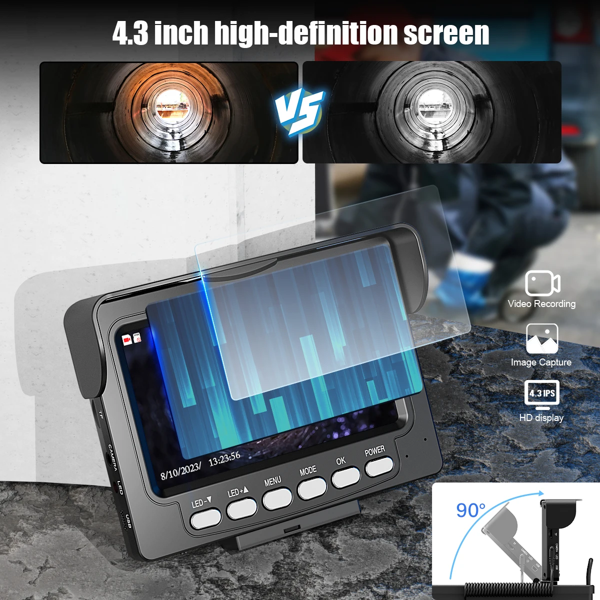 4.3' HD Screen Endoscope Camera DVR 16GB Card +5600mAh+IP68 5mm 20/30/50M GAMWATER Pipe Inspection Camera 22mm Sewer Camera