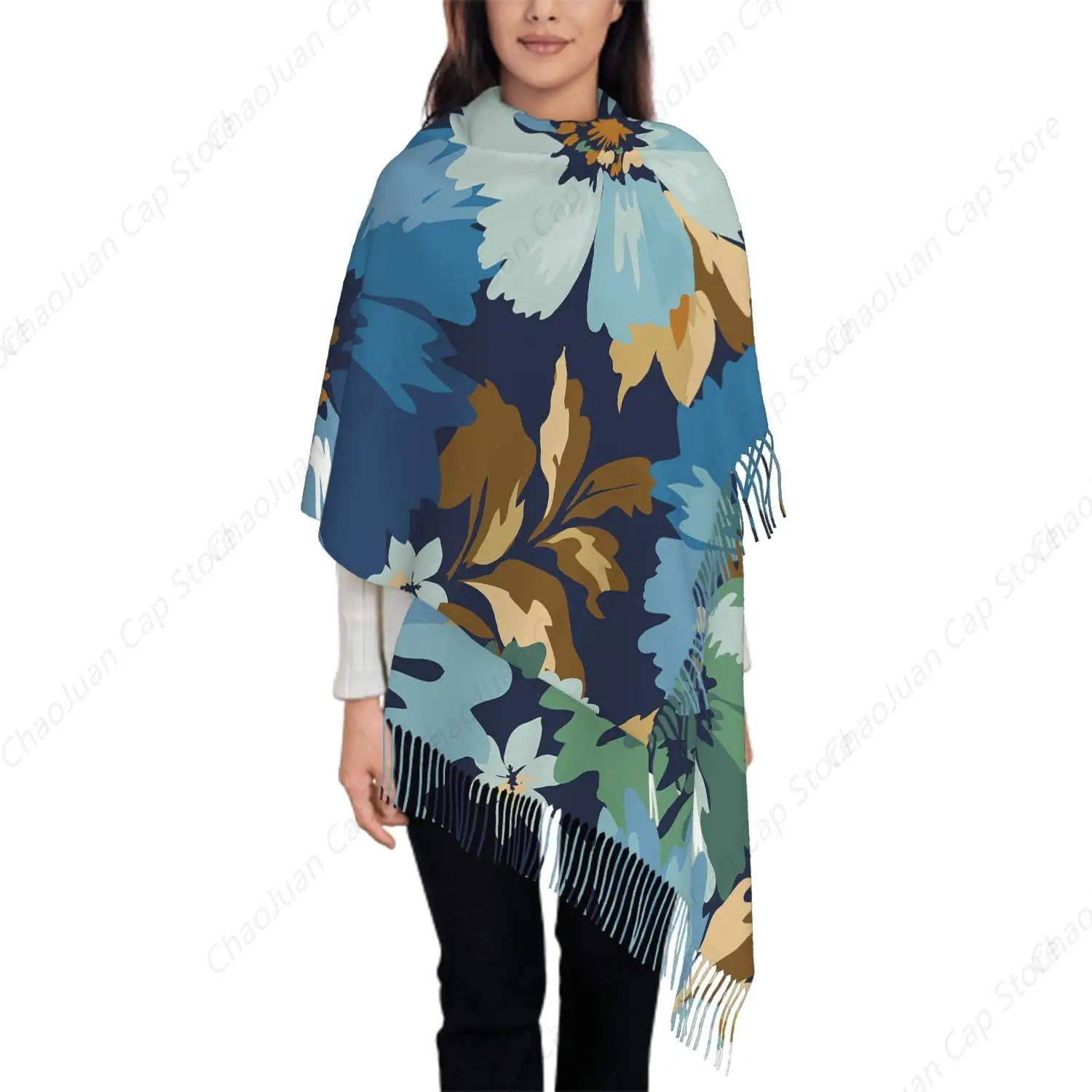 

Шарф оверсайз для женщин, синие и зеленые цветы, акварельный шарф с цветочным принтом, шарфы с кисточками, осенне-зимняя шаль, накидки