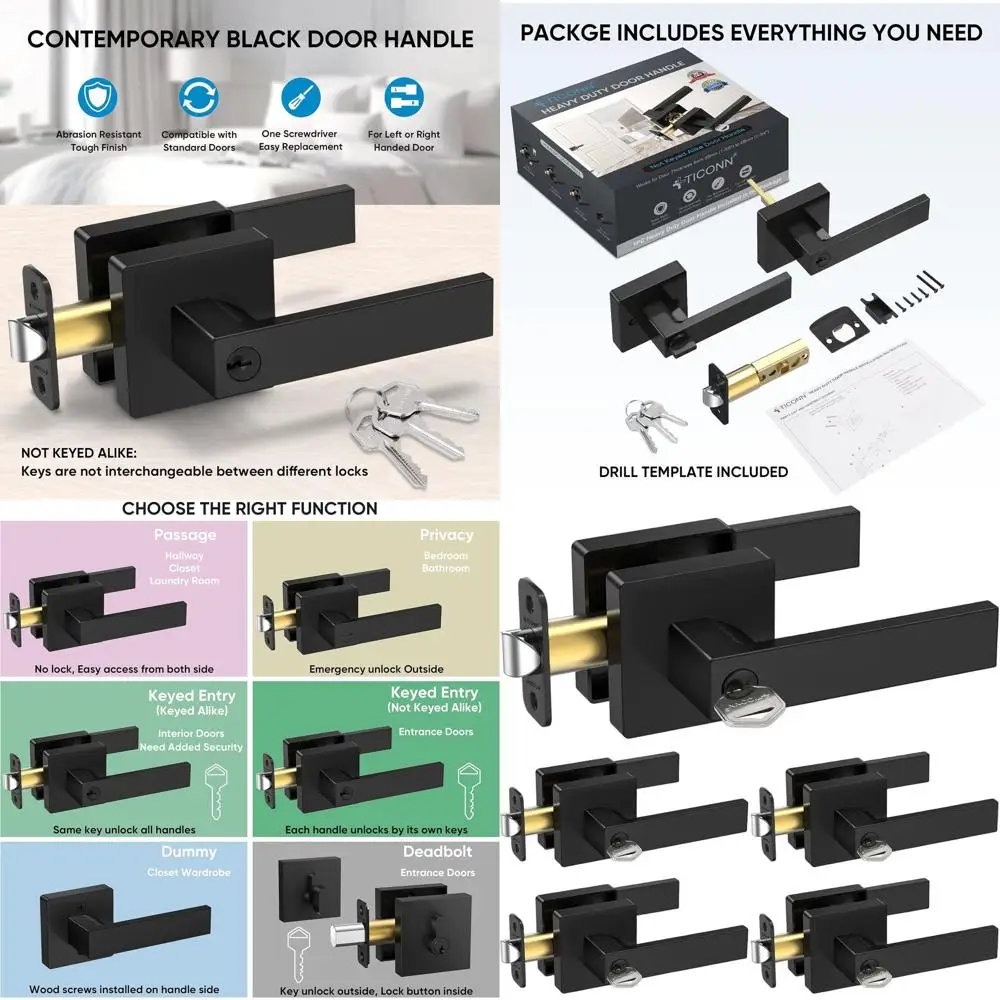 

Сверхмощный матовый черный квадратный дверной рычаг, двусторонний для спален и ванных комнат, вход с ключом, упаковка из 5 штук (не одинаковые ключи)