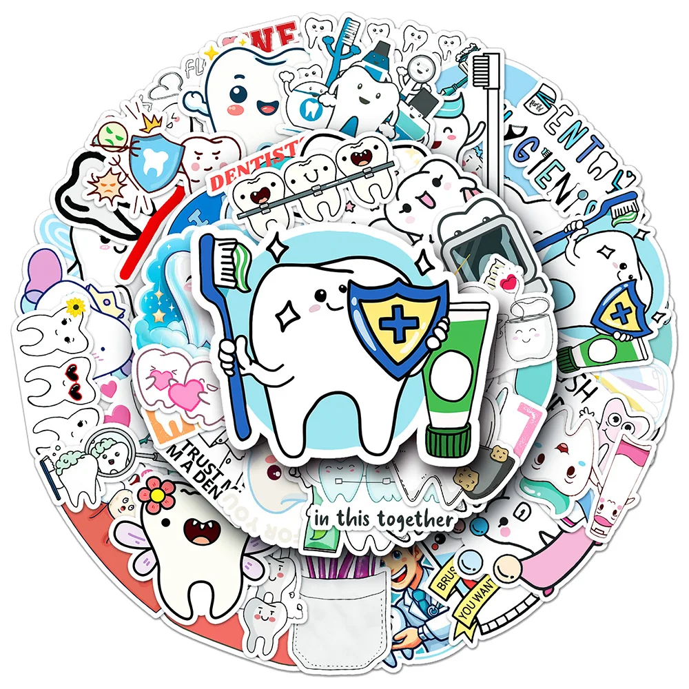 

10/30/50pcs Funny Dentist Protect Tooth Stickers Cute Toothbrush Teeth Decals Stationery Phone Guitar Bike Cartoon Sticker Pack