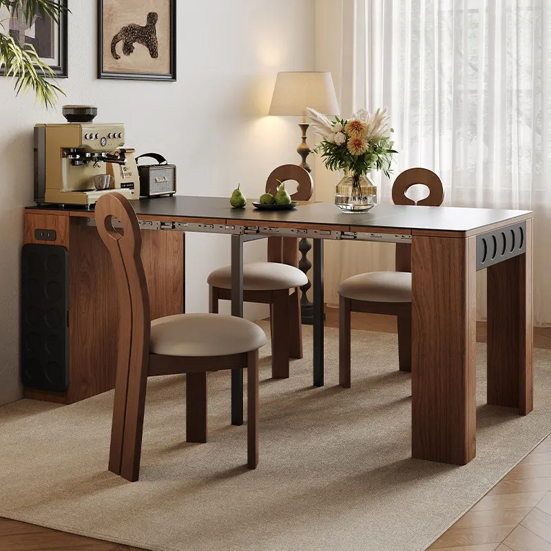 Medieval solid wood folding dining table household small apartment space-saving desk side cabinet stretchable rectangular dining