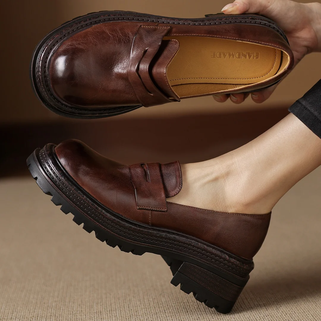 

danxuefei women's cow leather round toe slip-on thick sole platform flats loafers high quality soft comfortable moccasins shoes