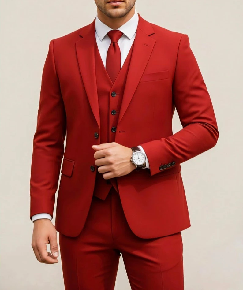 

Men's Red 3-Piece Suit Slim Fit Wedding Party Formal Wear