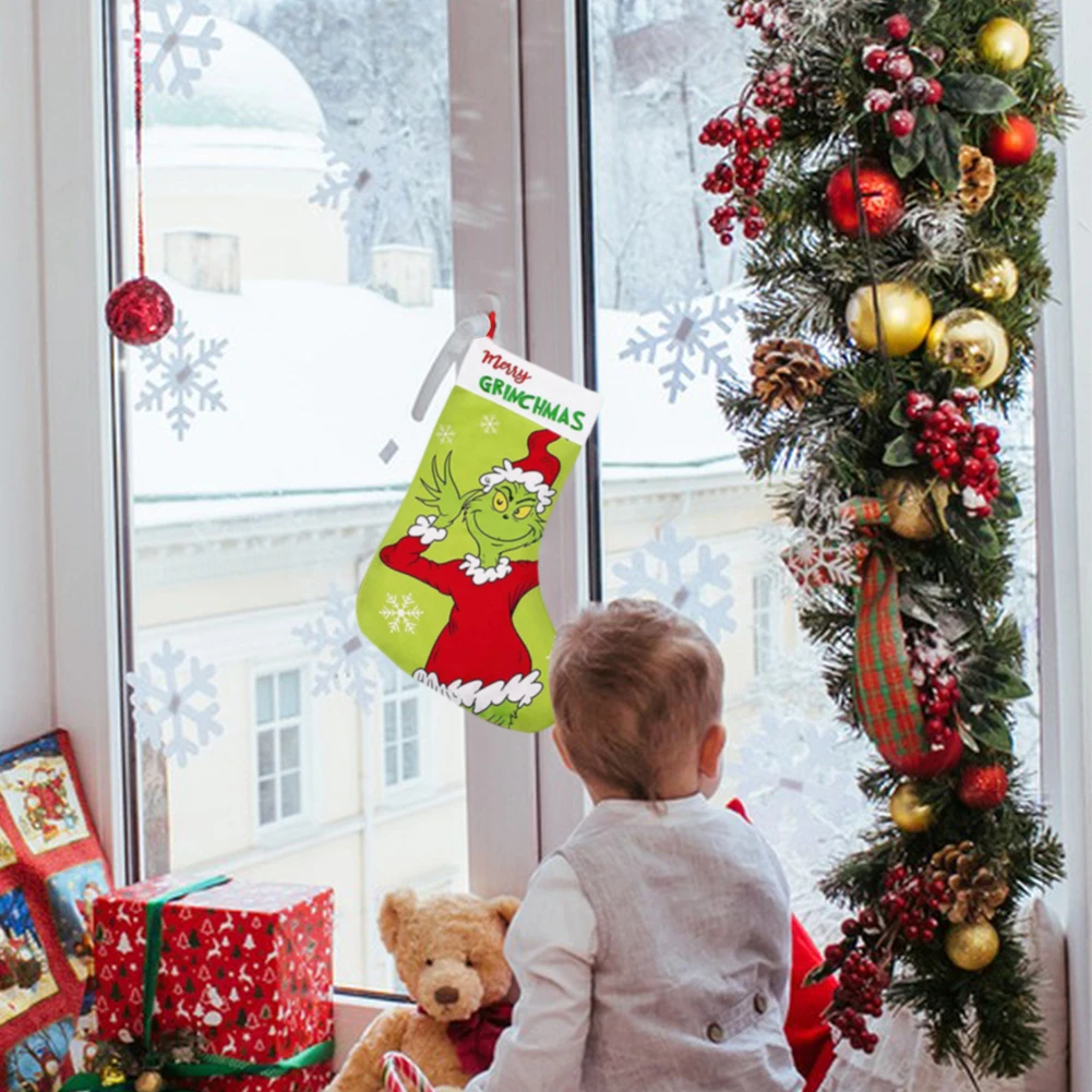 New Christmas Tree Decor Funny Green Grinch Christmas Socks Green Hair Monster Decor Children's Christmas Gifts Socks Candy Bags