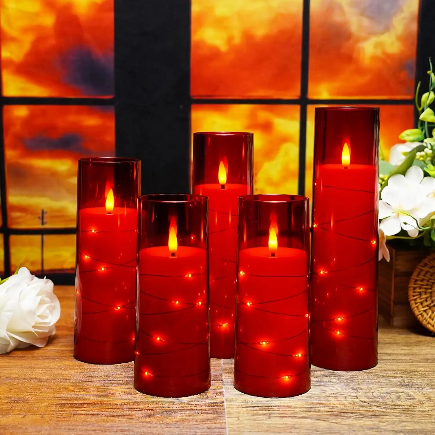 1PC Red Flickering Flameless Candles LED Candles with Embedded String Lights for Valentine's Day Ambiance and Home Decorations
