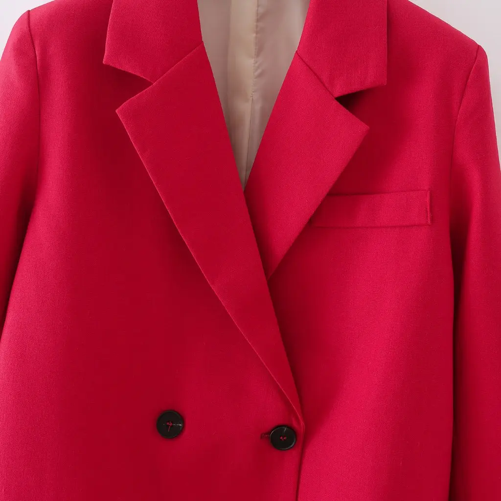 

DT27804 Women's Korean-Style Lapel Windbreaker Jacket Long-Sleeved Double-Breasted Mid-Length Fashionable Red Suit