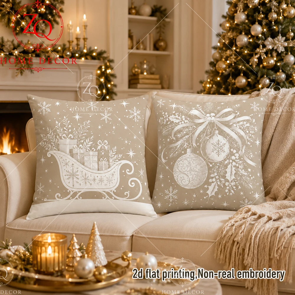 Christmas Pillow Cover Peach Skin 2D Flat Printed Cushion Case Sleigh Bauble Pillowcase For Couch Sofa Bed Living Room Holiday