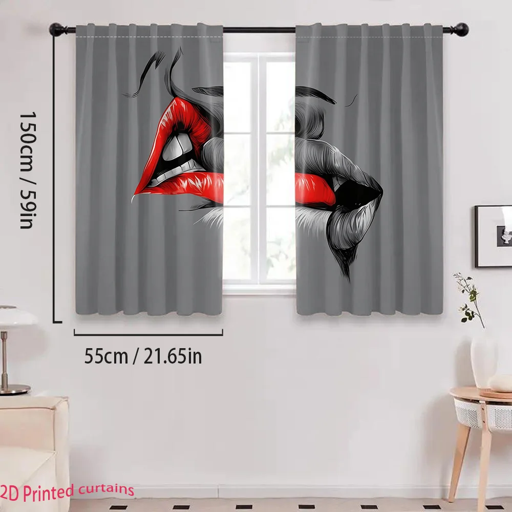Fashion Red Lips Rod Pocket Curtain Black White Sketch Kiss Mouth Grey Background Print Trendy Decor Living Bedroom Home Window