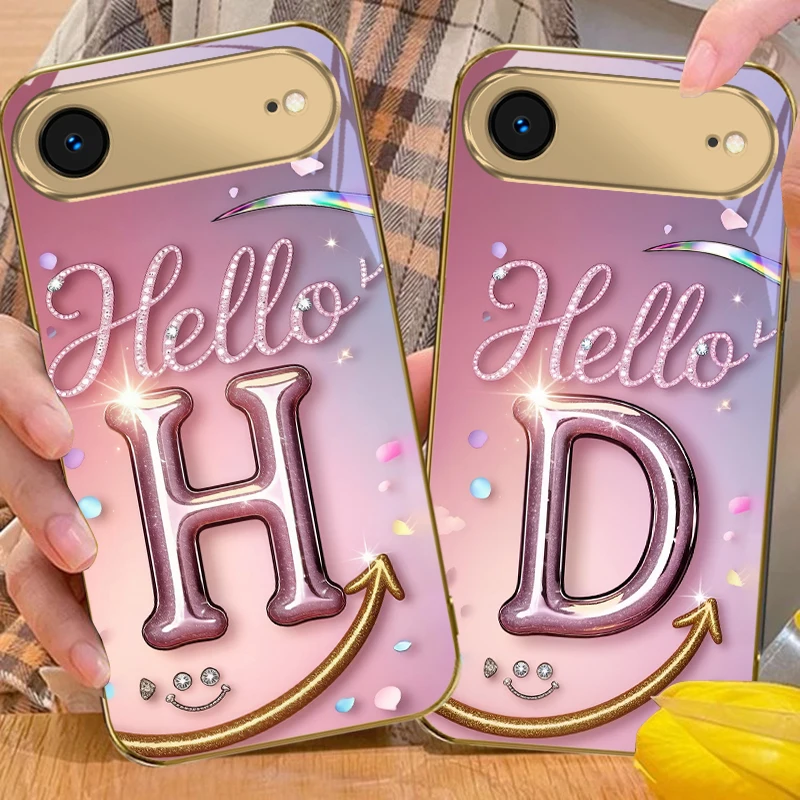The dreamy letter 'D H' For iPhone Air 17 Pro Max 16 15 Pro 14 13 Plus 12 mini 11 17Air XR 16E 17ProMax Golden glass phone case
