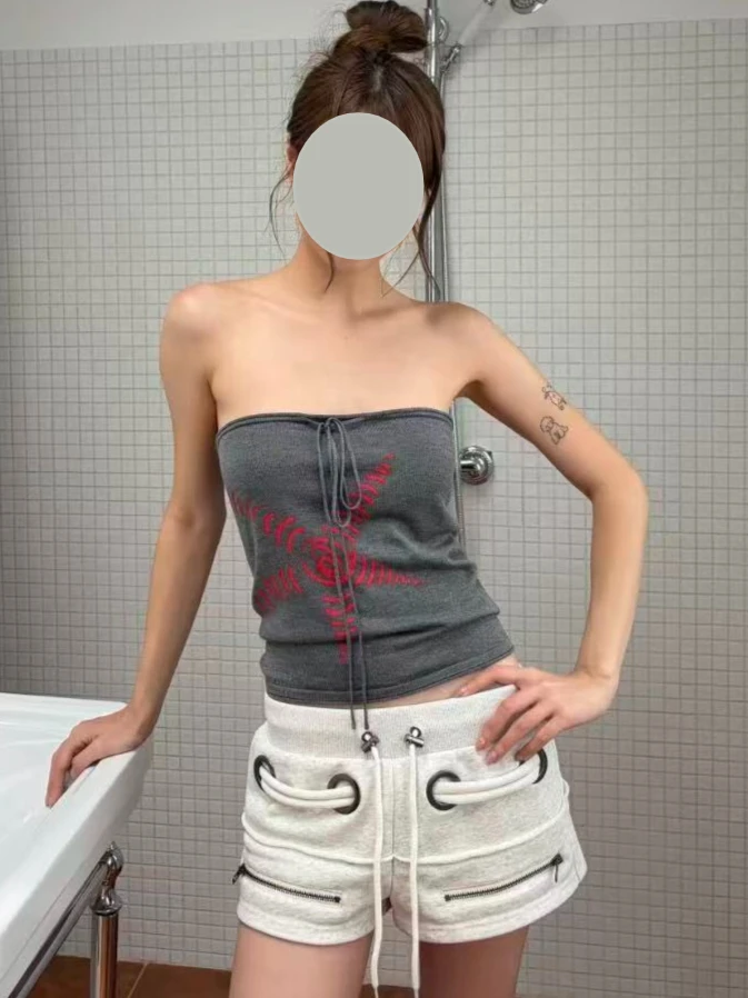 Low Rise Sweat Shorts Metal O Ring Drawstring Zipper Pocket Raw Seam Y2K Hot Girl Slim Fit Solid Color Streetwear Ca Mini Shorts