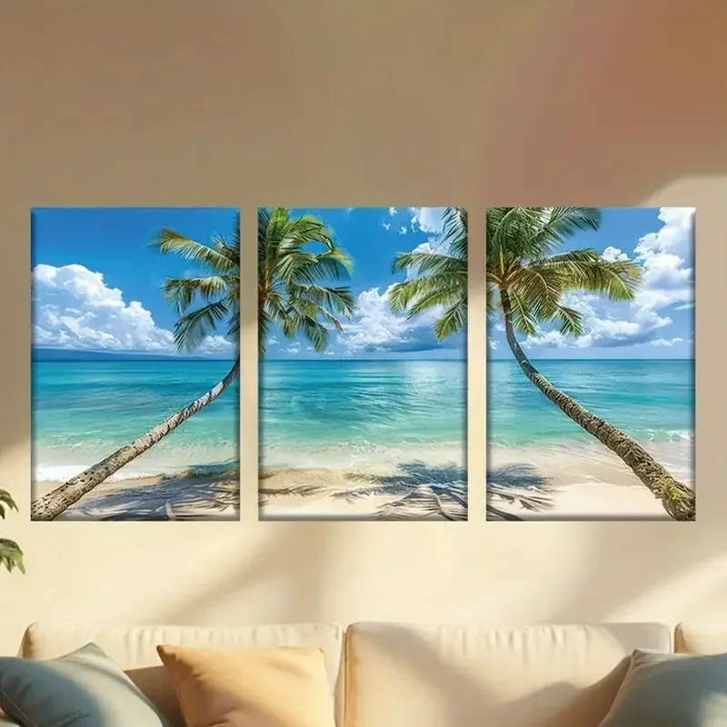 

Beach Scene Diy Diamond Painting 3Pcs Tropical Palm Trees Turquoise Ocean View 5D Mosaic Embroidery Handmade Home Decor Triptych