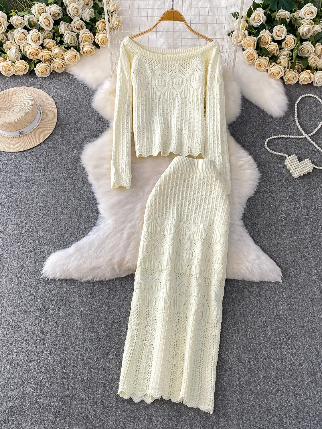 

Модный вязаный топ на одно плечо и юбка с высокой талией для женщин, зимний теплый повседневный комплект из двух предметов