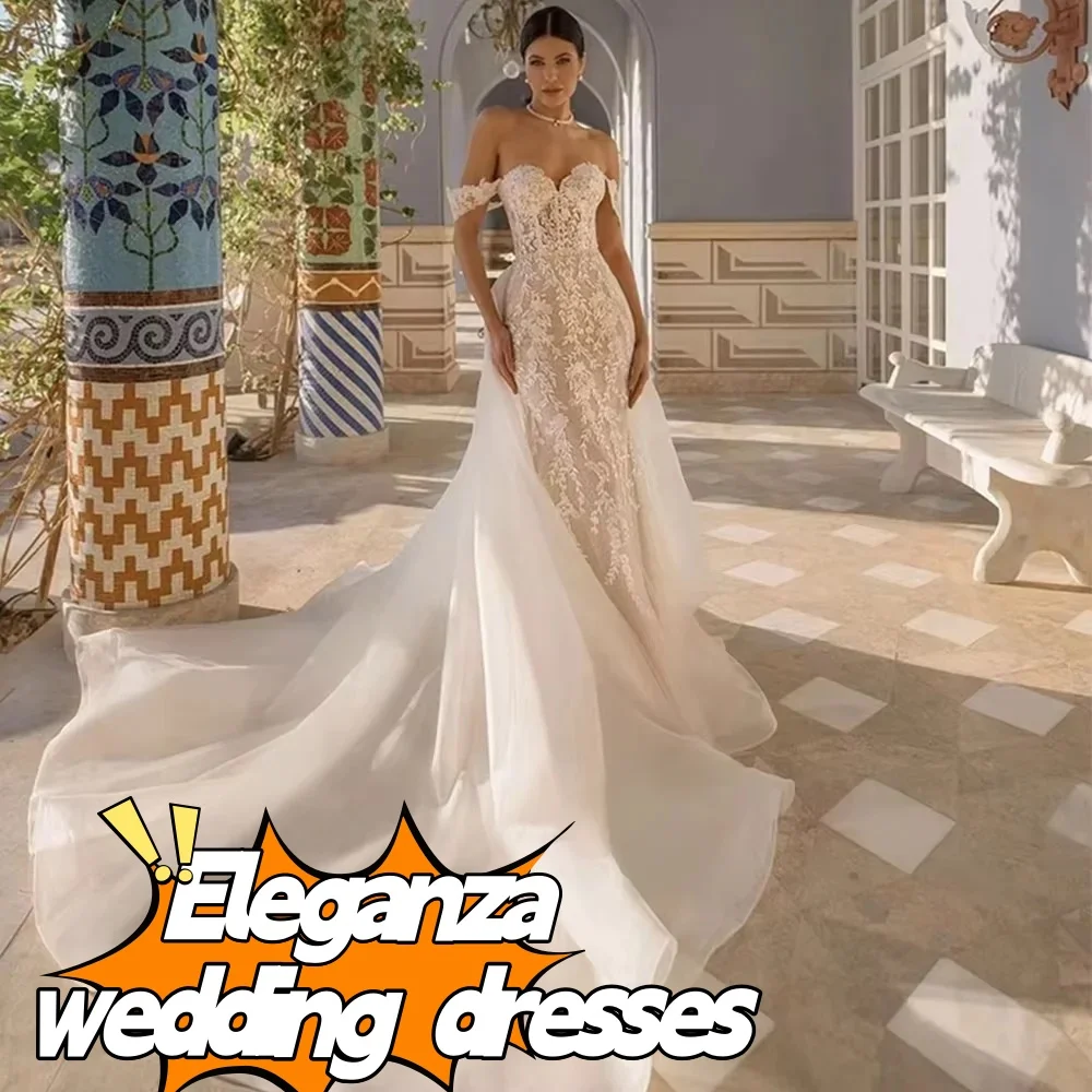 تخصيص الحبيب الرقبة قصيرة الأكمام مطرز الخصر مطرزة لامعة 2 قطعة فستان الزفاف حورية البحر مع قطار للانفصال