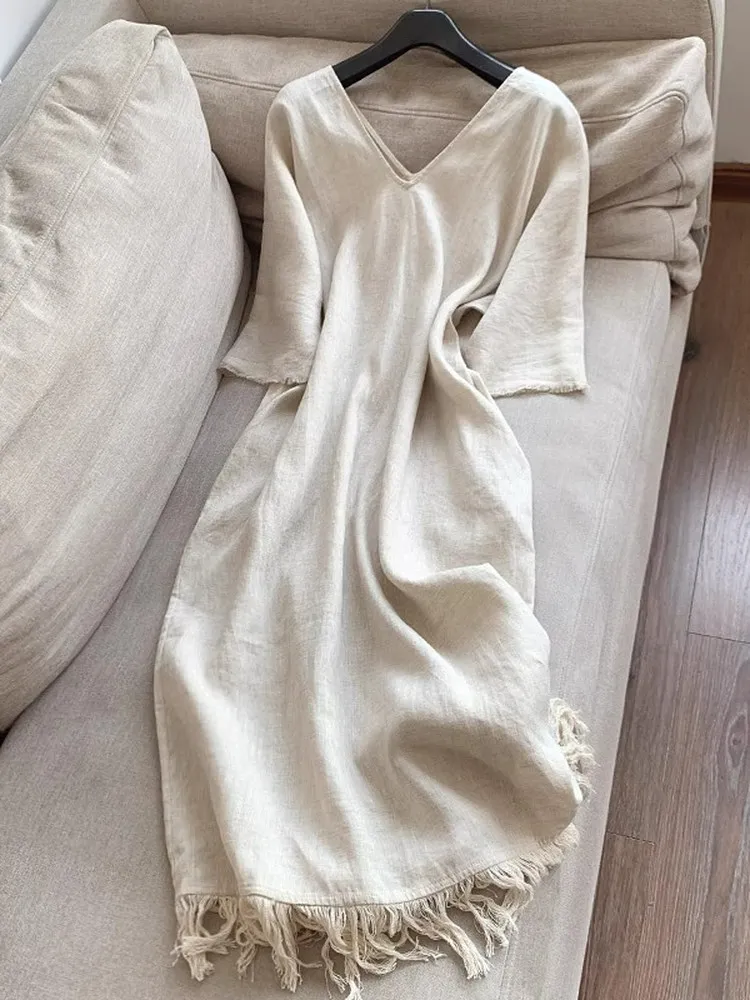 

Летнее женское свободное льняное платье с V-образным вырезом, элегантное, с бахромой, длинное, в городском стиле, с коротким рукавом, на молнии сбоку, из других материалов, коллекция Лето 2025