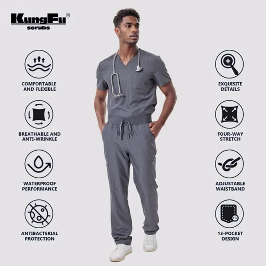 

KUNGFU SCRUBS Nurse Uniform Pet Nursing Workwear Men's medical Set Classic Version V-neck Top Elastic Drawstring Waist Leg Pants