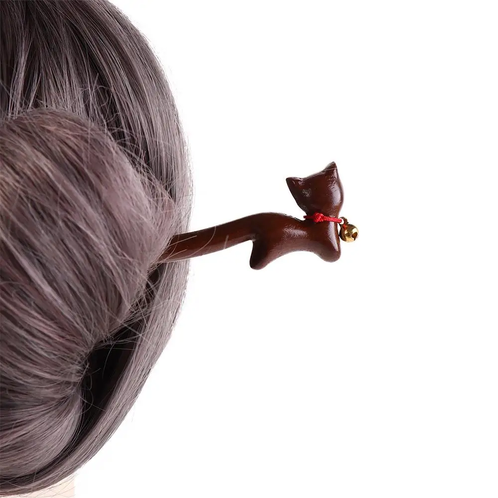 

Retro Wooden Cat Hair Stick Bell Headwear Chinese Hanfu Style Hair Clip Hair Fork Ponytail Clip Cartoon Aniaml Hairpin Daily