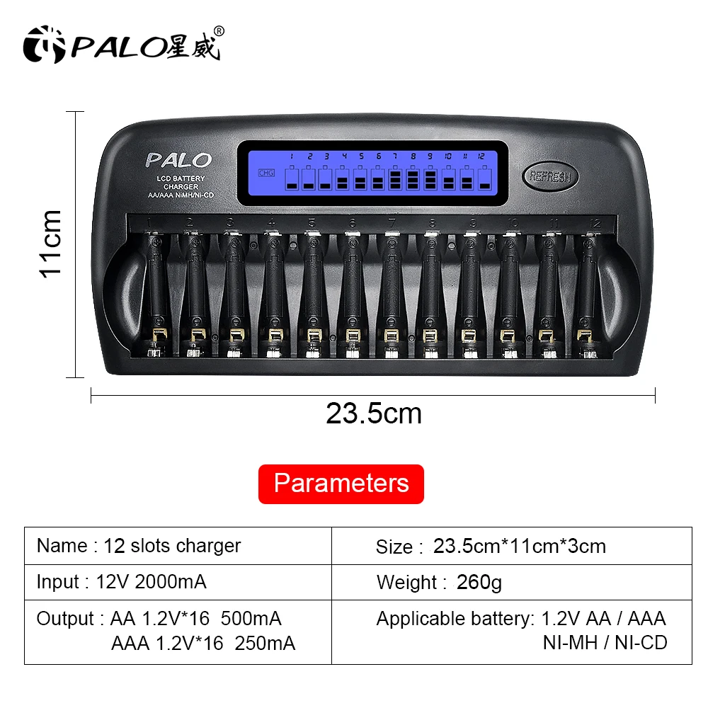 PALO 12PCS 1.2V AA rechargeable battery ni-mh 3000mAh + 12 slots smart fast charger for aa/aaa AA AAA ni mh batteries