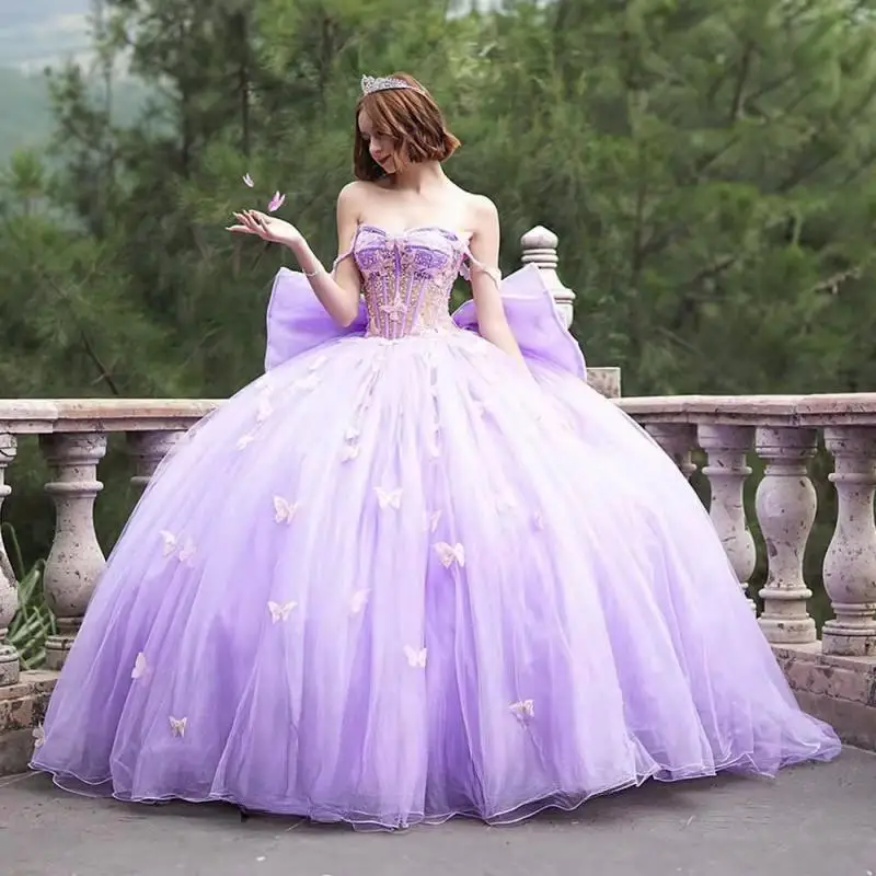 Customized Lavender Purple Charming Sweetheart Quinceanera Dress for Girl Big Bow Butterfly Appliques Corset Vestidos De 15 Anos