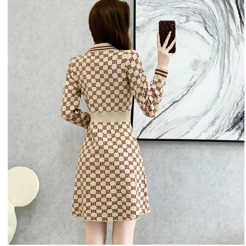 #0977 Khaki Sweater Dress Polo Neck Buttons Vintage Mini Dress Slim Fit Knitted Short Dress Female Sexy Short Retro Pencil Dress