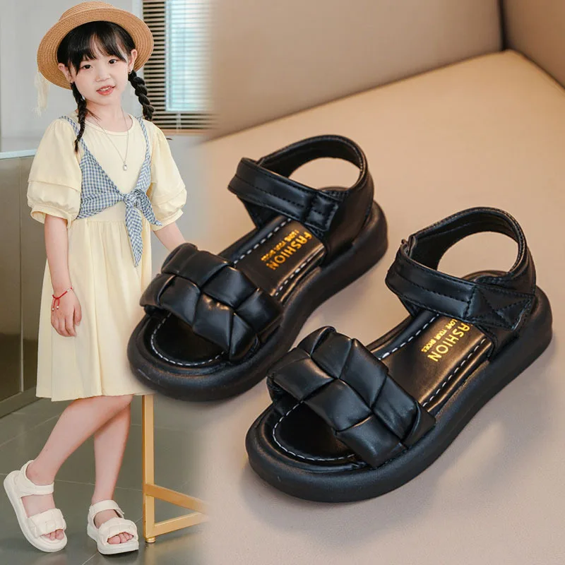 26-37 Girls Sandal 2023 Summer New Fashion Little Girl Princess Shoes Kids Student Soft Bottom Beach Flat Children\'s Sandals