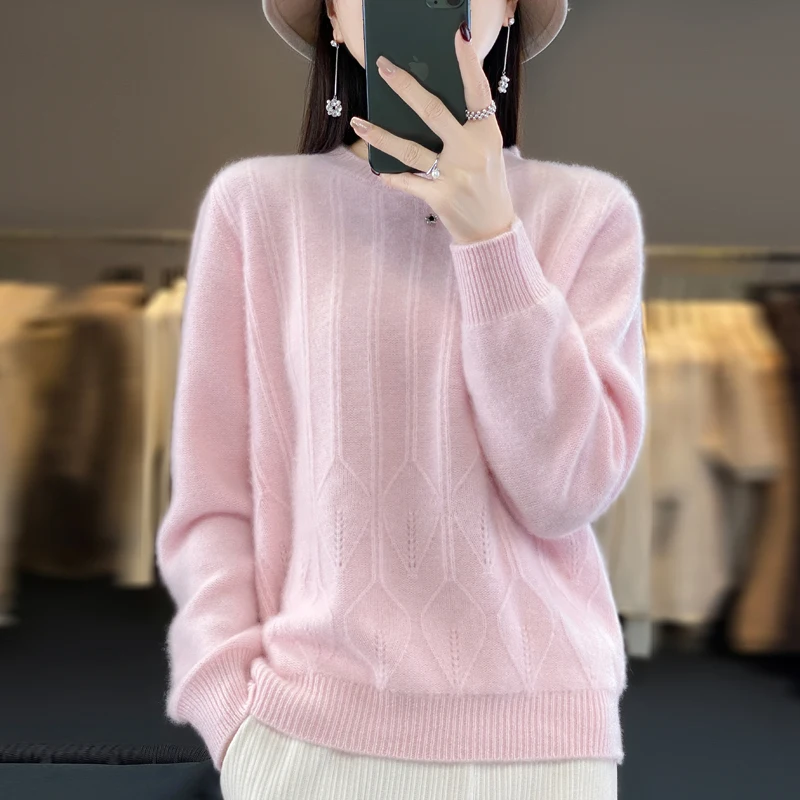 100% Merino wool cashmere women's sweater 0-neck long-sleeved pullover autumn and winter pullover padded top