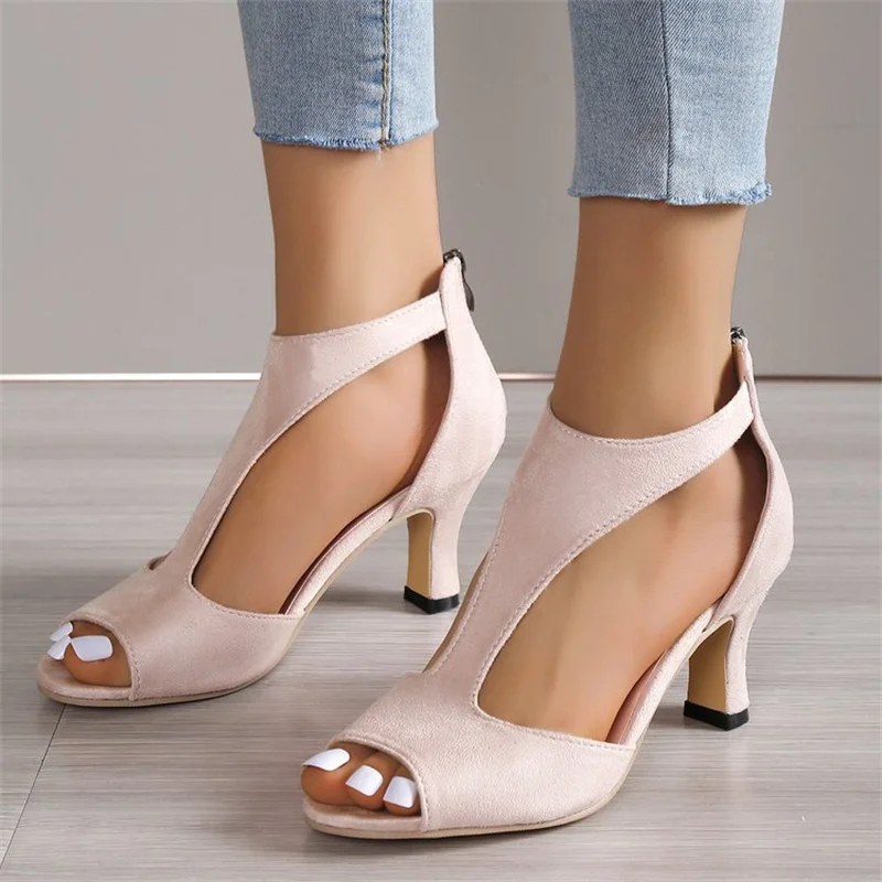 NEW Fashion Back Zipper Shoes Women\'s High Heels Fish Mouth Shoes Ladies Summer Large Size Side Hollow Thin Heels Roman Sandals