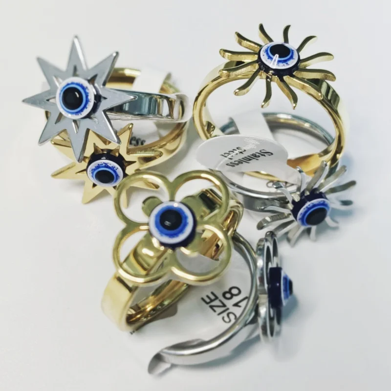 Wholesale 36 pcs 4mm Two tone Nine Style Mixed Blue Eyes Stainless Steel Rings Light up your personality