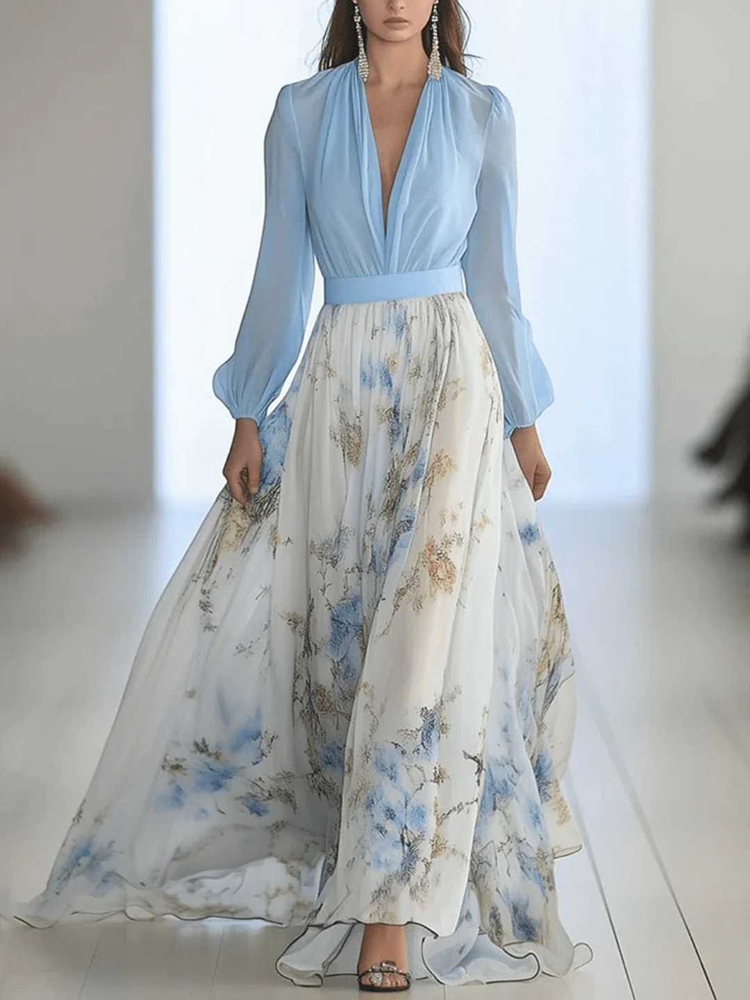 Floral Printing Dress Long Flowy Elegant V-Neck Long Sleeve Women's Skirt Soft Chic Casual Summer Womenswear