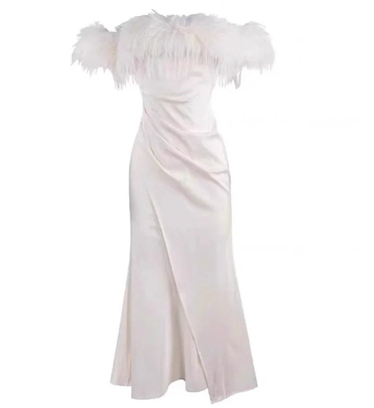 المرأة الخريف مزاجه الجديد الفرنسية مثير مائل الرقبة مأدبة فستان أنيق ريشة الساتان حمالة بلون فساتين السهرة