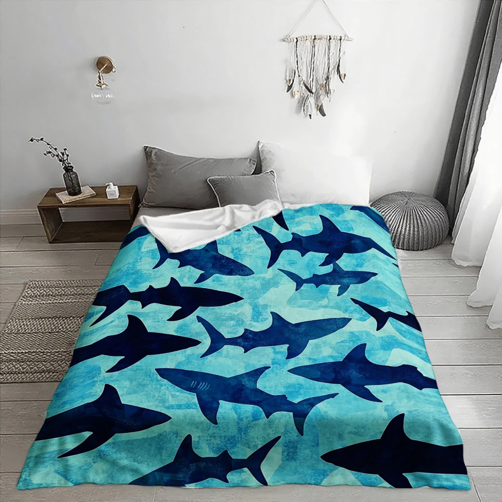 Ocean Shark Pattern, for Marine Life Lovers, Soft Cozy Blanket, Blue Watercolor Silhouette Design, Multi-Purpose Home Decor Gift
