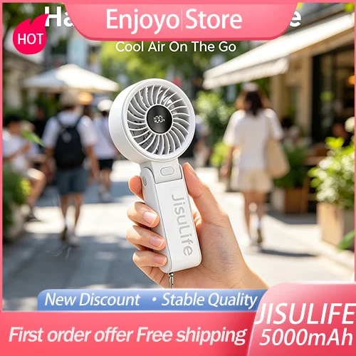 JISULIFE 3‑IN‑1 Portable Handheld Fan LED Display 5000mAh 19.5H Runtime 5‑Speed Foldable Lanyard Fan for Outdoor Travel Summer