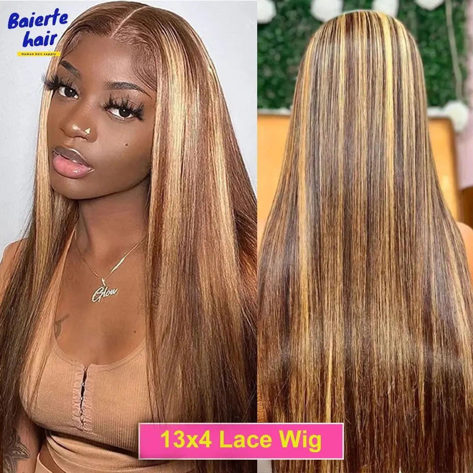 Piano Color Bone Straight 36 Inches Long-length 200% High Density 13x6 13x4 HD Transparent Lace Frontal Wig P4/27 Highlight Human Hair Wigs Pre Plucked For Women Brazilian Hair