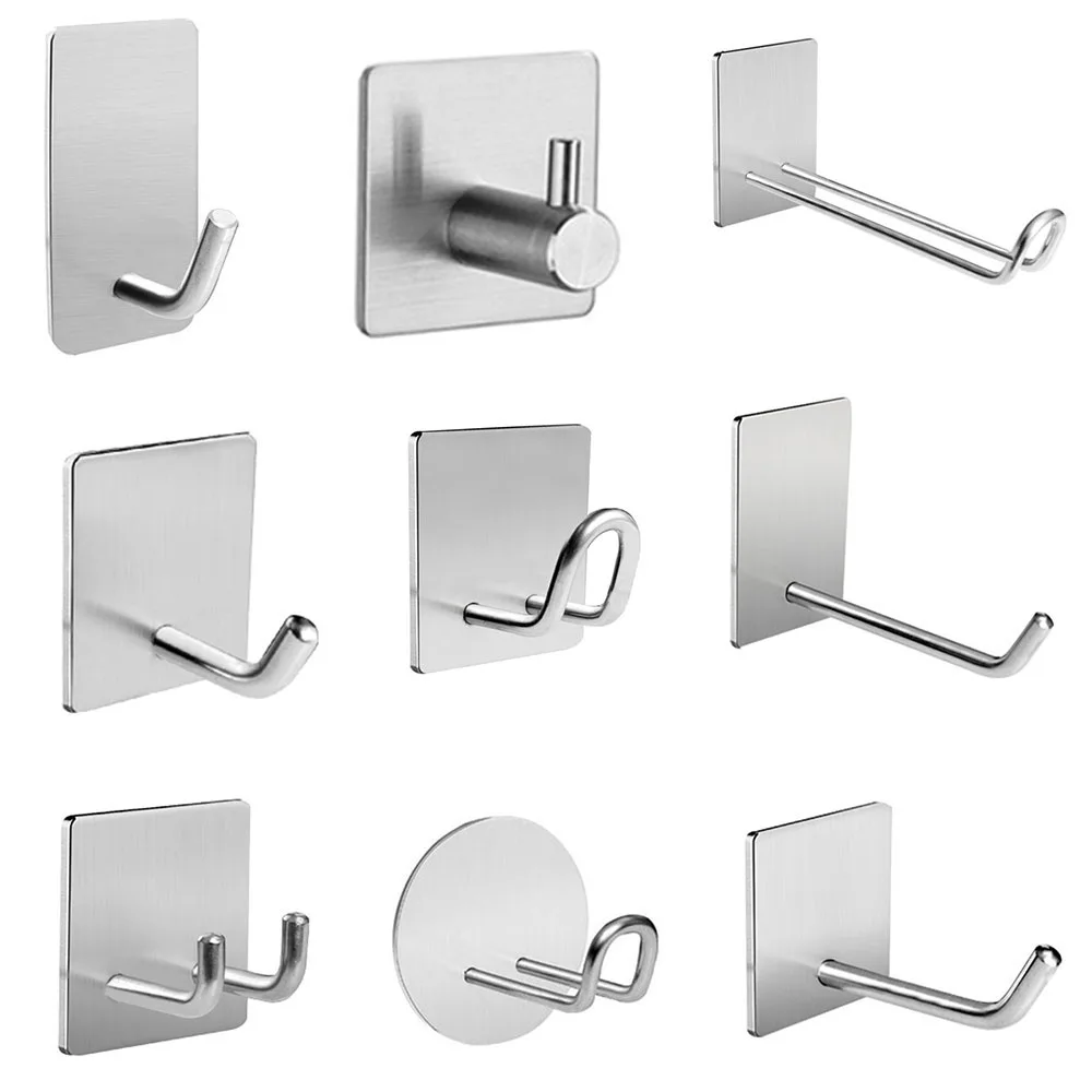 Punch-free Wall Hanger Coat Towel Hook Stainless Steel Double-sided Adhesive No-punch Hook Waterproof  Home Bathroom Accessories