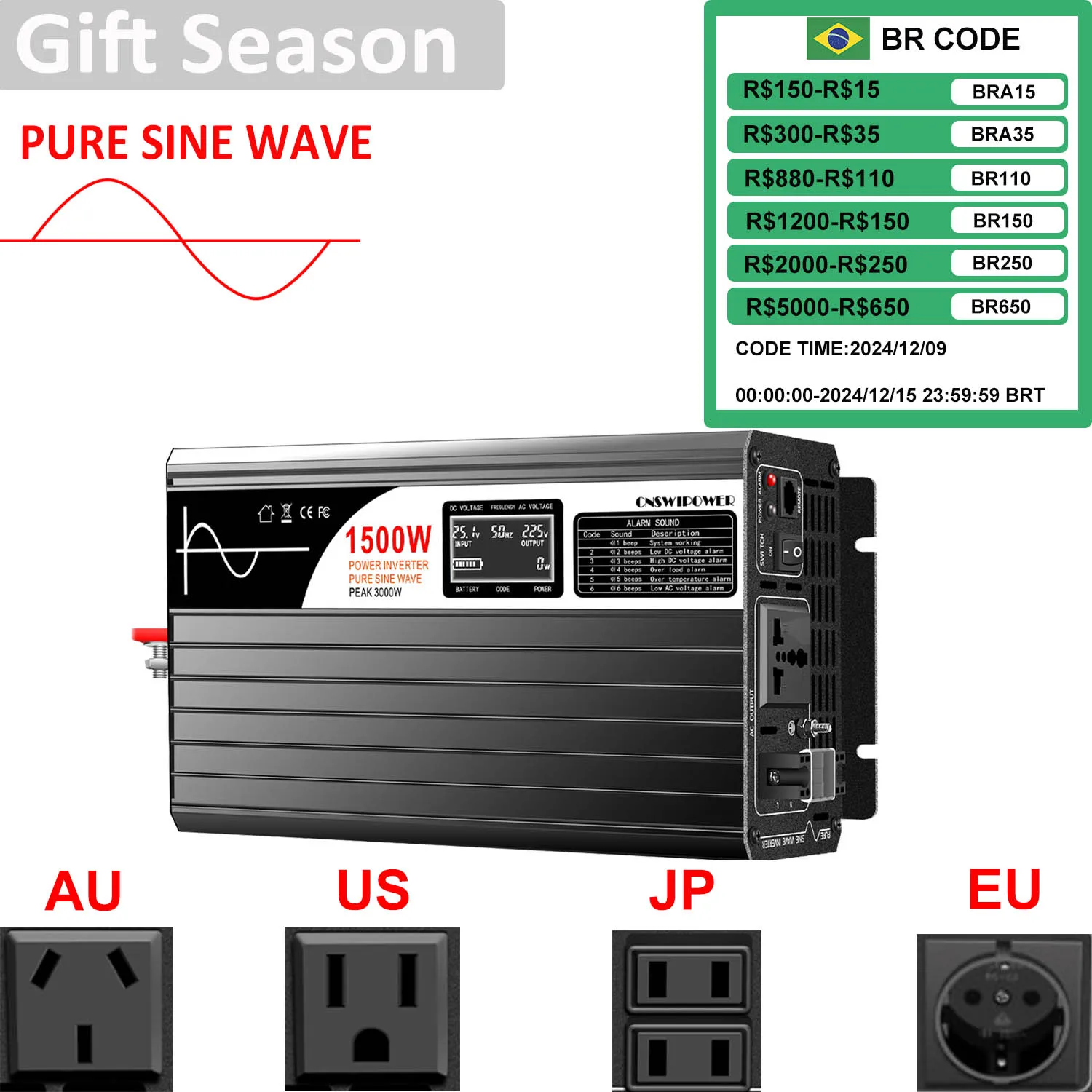 1500 W Wechselrichter 12 V 220 V reiner Sinuswellen-Solarwechselrichter DC 24 V 48 V zu AC 110 V mit Fernbedienung