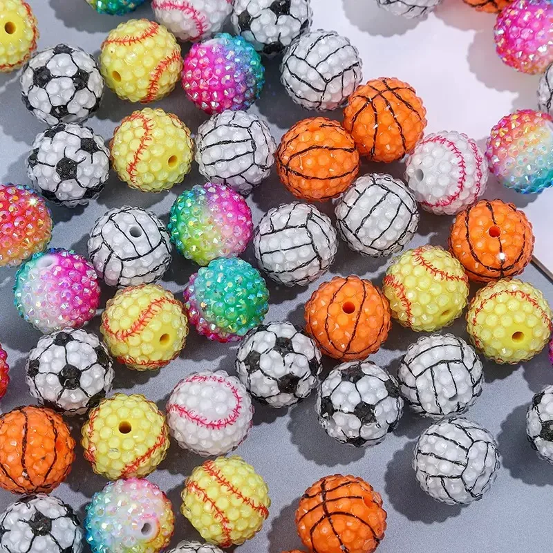 10Pcs/Lot 20mm Sport Baseball Fotball Large Hole Beads Acrylic Round Loose Beads For Making Bracelet DIY Jewelry Supplies