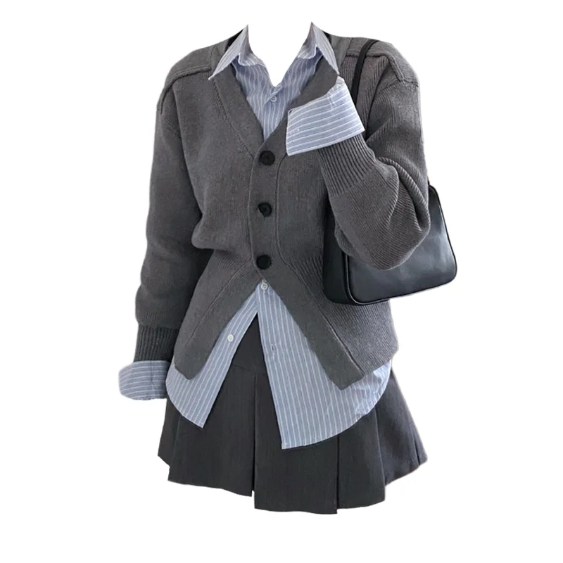 

Korean Fashion Turn Down Collar Striped Blouse + V Neck Women Cardigan Slim All Match Skirts Autumn New 3 Set Ropa Mujer