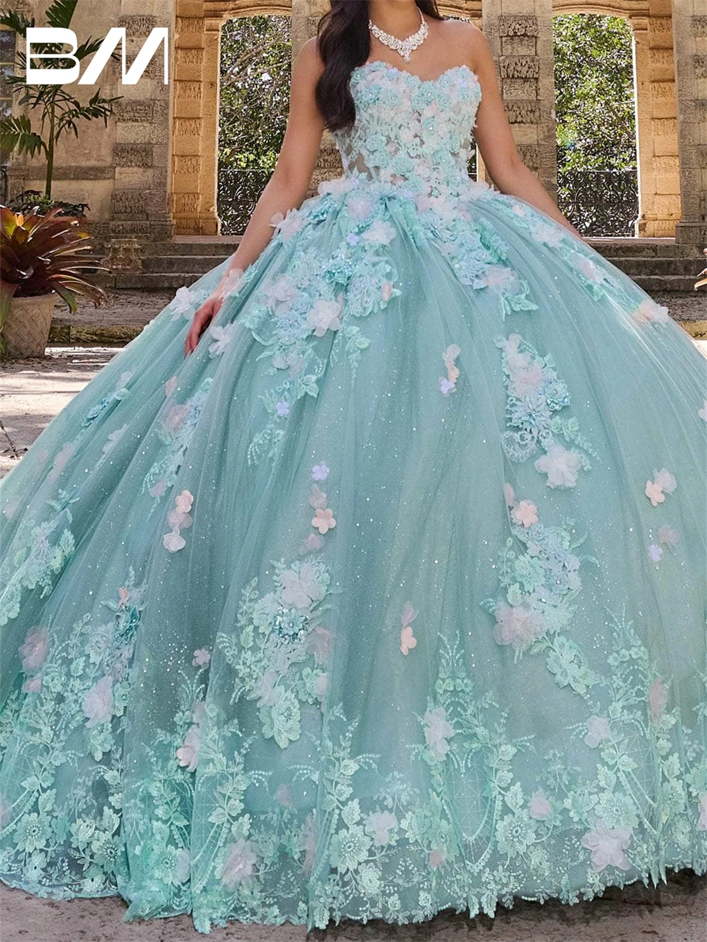 Vestido De quinceañera sin tirantes con detalles florales, Vestidos De cóctel con cordones en la espalda, vestido De Baile De cola De barrido