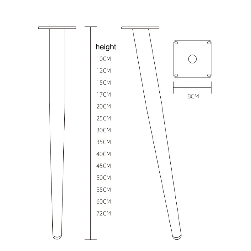 Patas de Metal para muebles de piezas, pies cónicos para mueble de TV, mesa de centro y tocador, 45-72cm, 4 Uds.