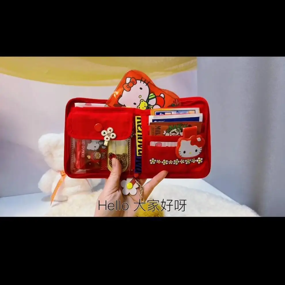 Borsa per carte Hello Kitty con fiore rosso vintage Fascino giapponese Estetico geometrico Portafoglio Hello Kitty Regalo di compleanno Decorazione per ragazza carina