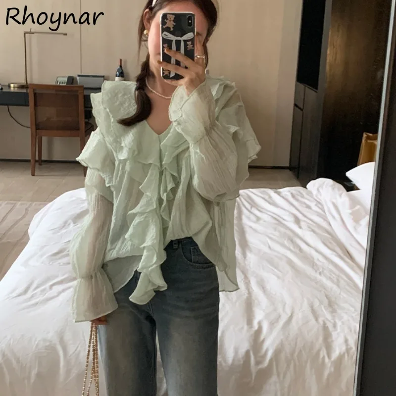 Solid Puff Sleeve Blouse Women Ulzzang Elegant Temperament V-neck Ruffles High Street All-match Daily Summer Leisure Sweet Tops