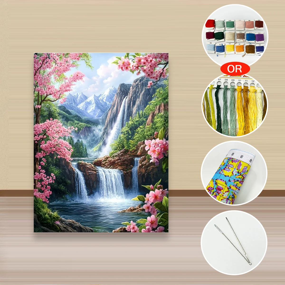 1 Stück 30x40cm/11,8x15,7 Zoll, 11Ct/14Ct Kreuzstich-Set, DIY Valentinstagsgeschenk, Stickerei-Set für Festlichkeiten, Pfirsichblüten-Wasserfall – Detail 2