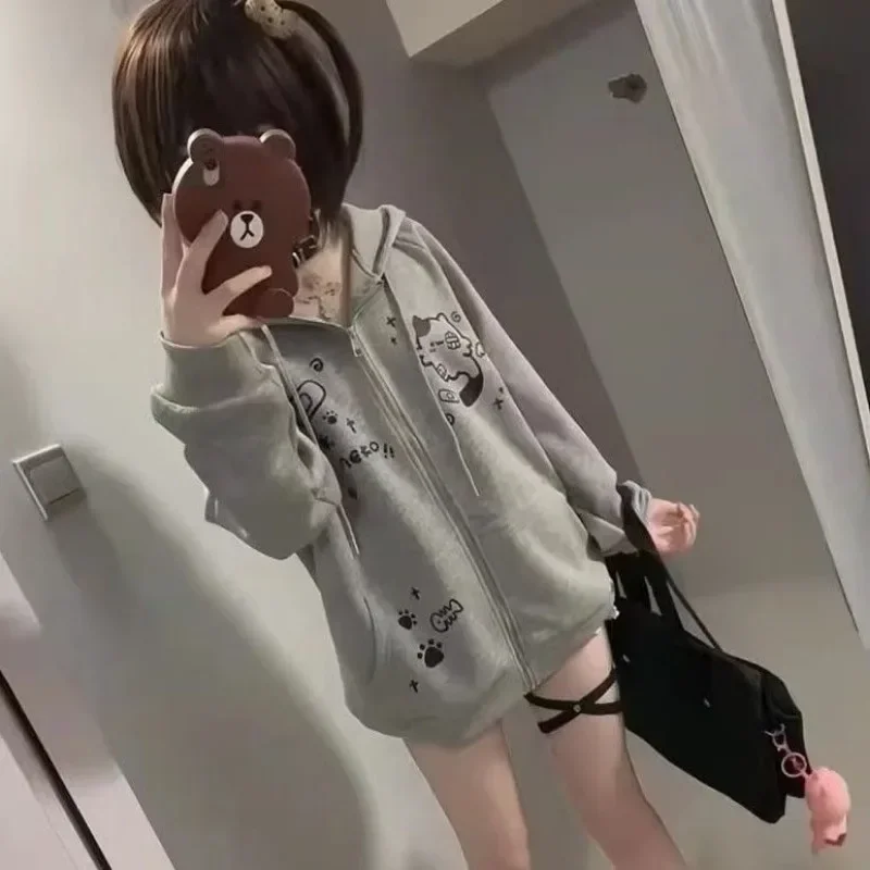 Wiosenne jesienne kurtki Cute Cats Print Zip Up Hoodie Women Streetwear Sweatshirt Y2k Tops Cartoon Japanese Coat Grunge Black Gray