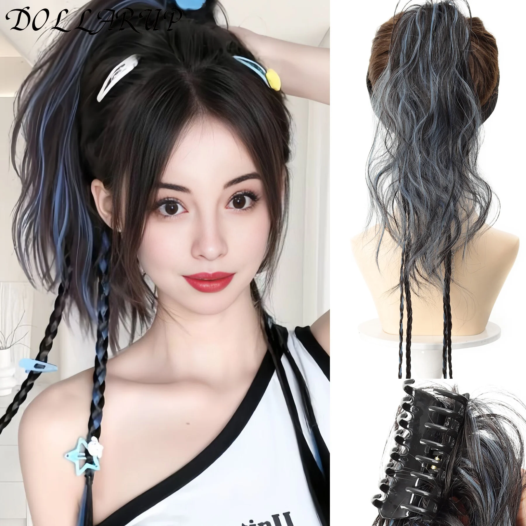 

DOLLARUP Synthetic Claw Clip Ponytail Braid Hair Extensions Long Curly Hair Black Blue Pink Mixed Hair Pony Tail For Women
