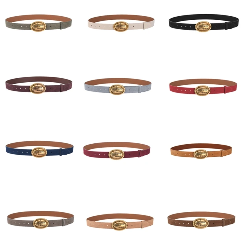 

652F Leather Thin Belt with Oval Letter Buckle Simple Skinny Belt for Female Girl Waiststrap for Pants Popular Waist Decors